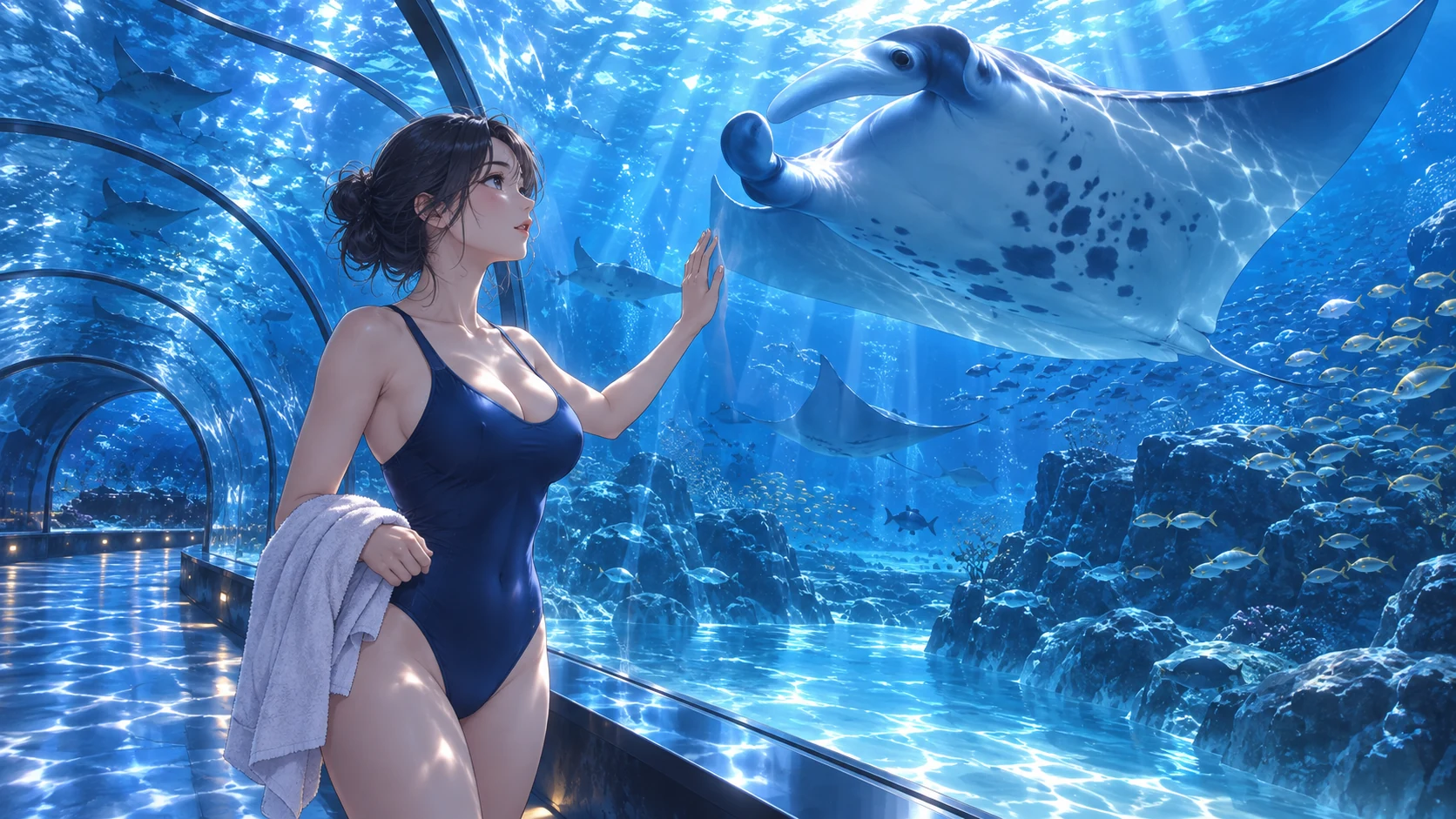 Adult anime character in a navy swimsuit beneath an aquarium tunnel