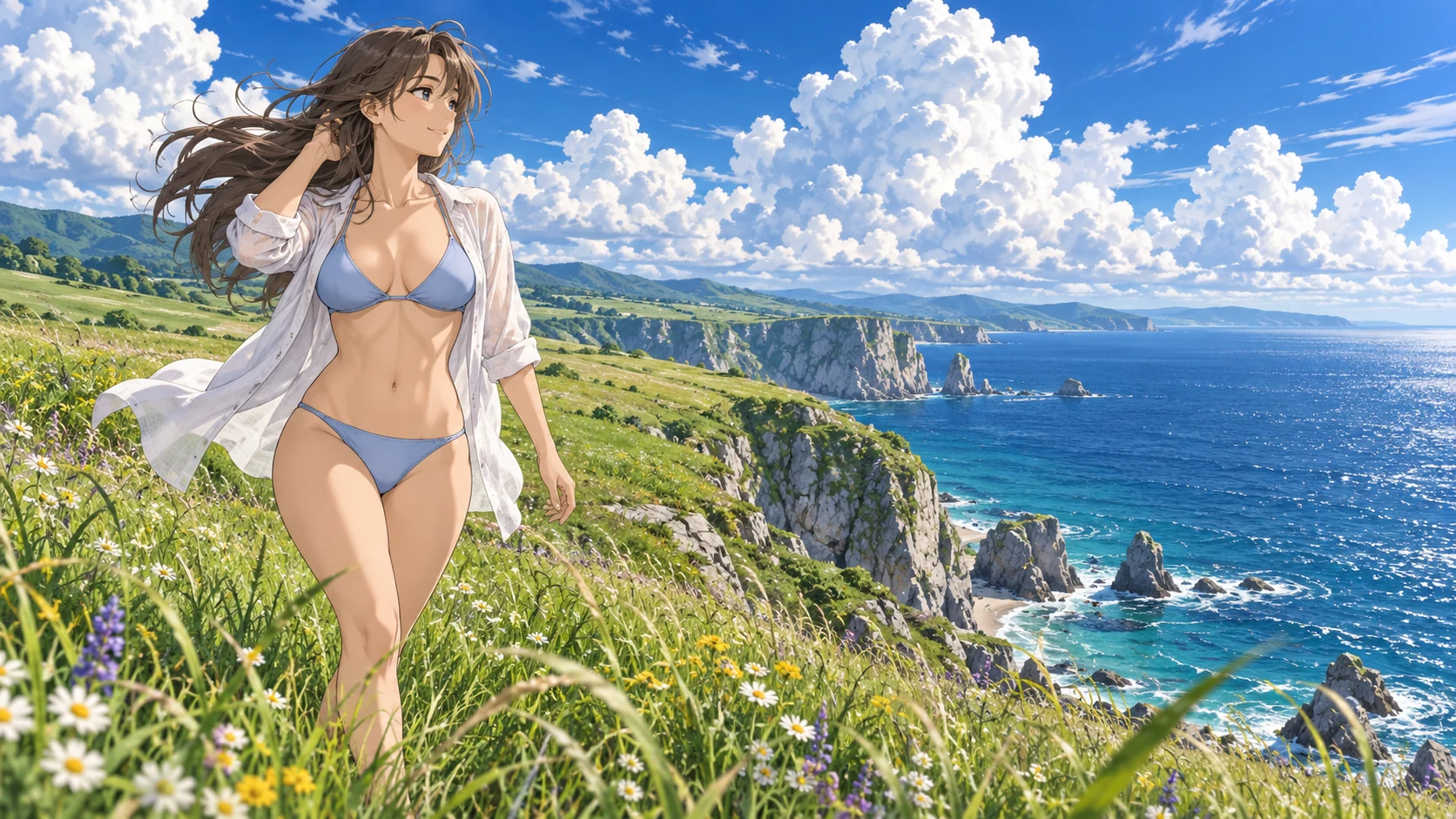 Adult anime character in a lavender bikini beside coastal cliffs