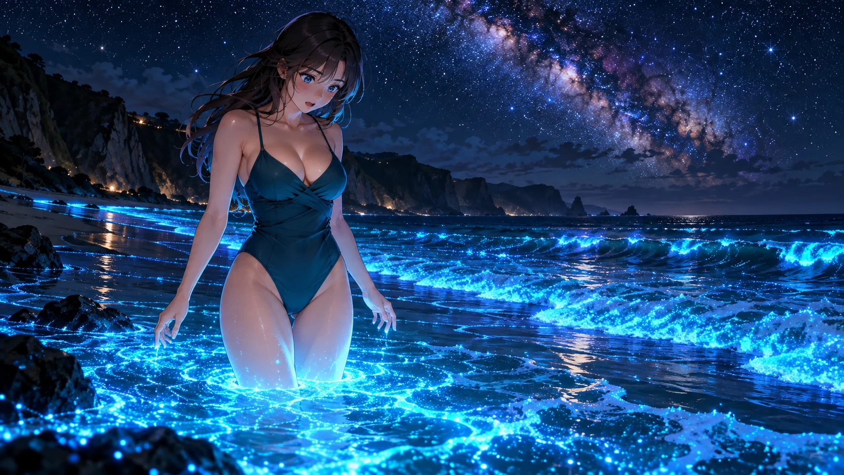 Adult anime character in a blue swimsuit beside a glowing ocean at night