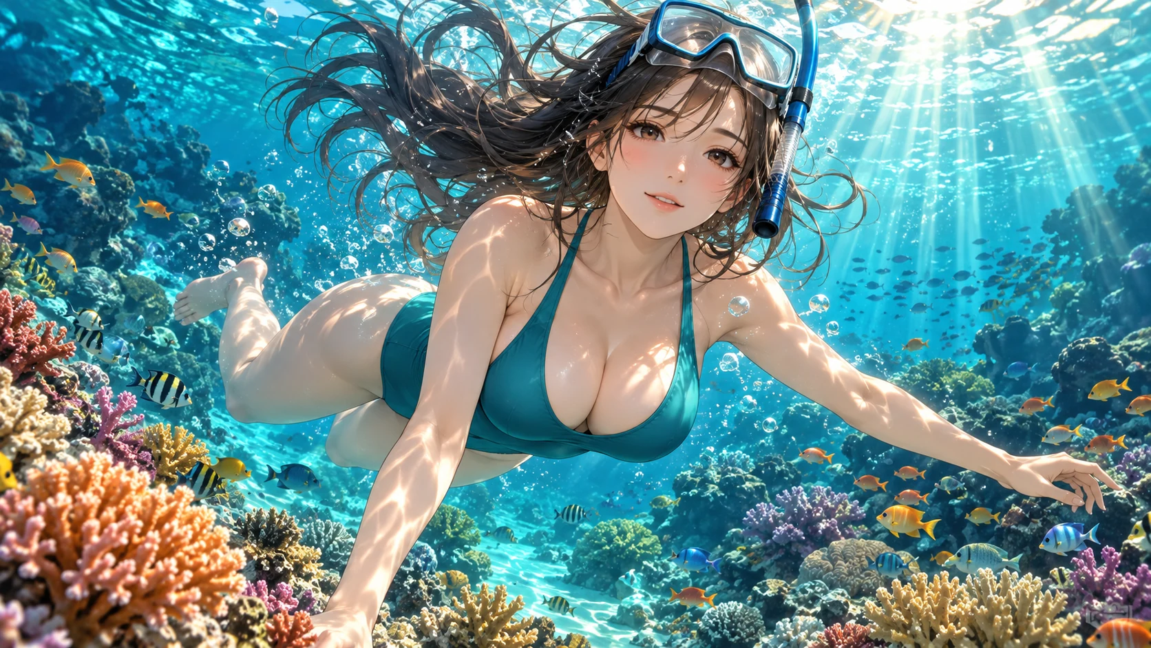 Adult anime character snorkeling above a coral reef