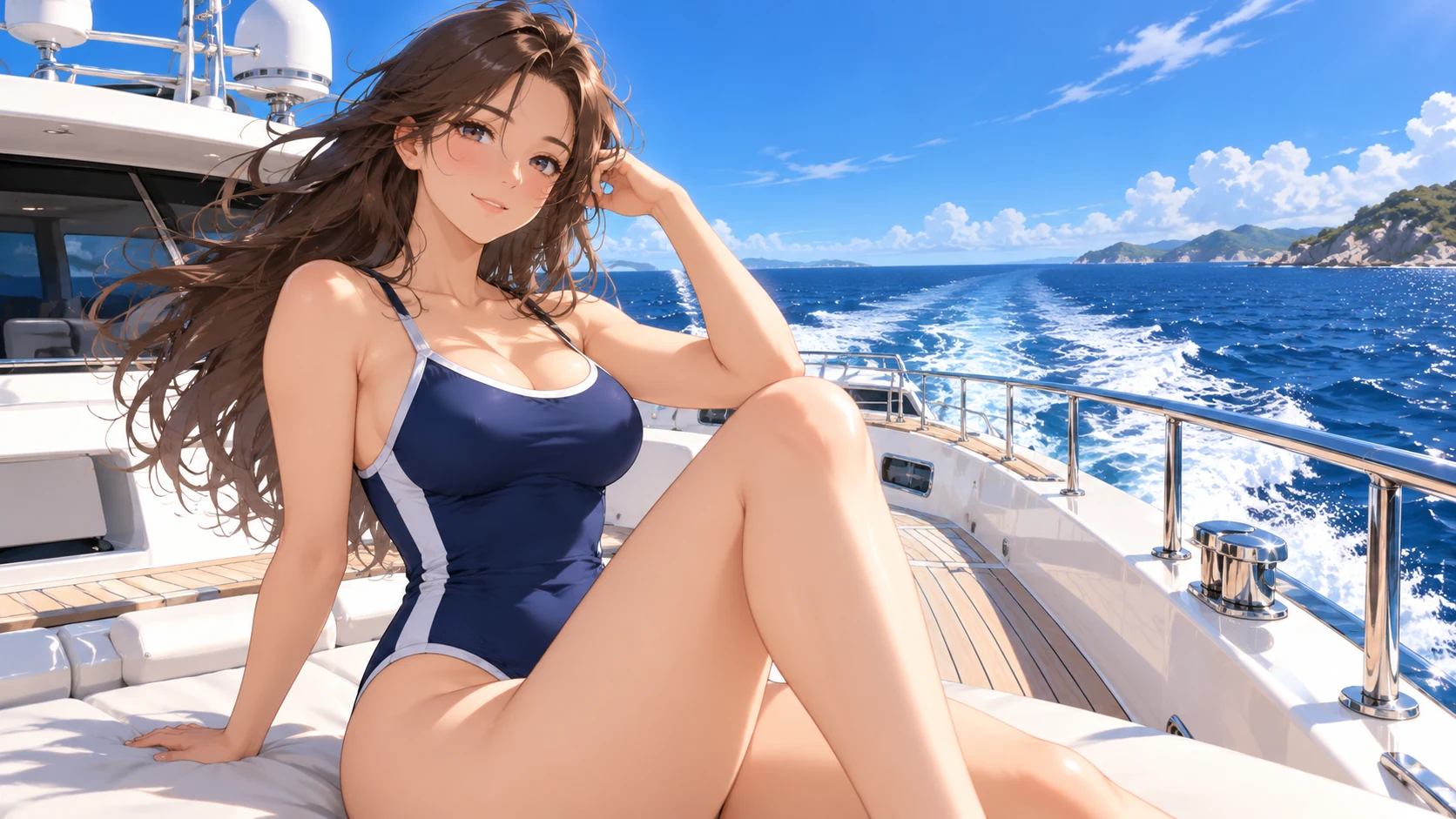 Adult anime character in a navy swimsuit on a yacht