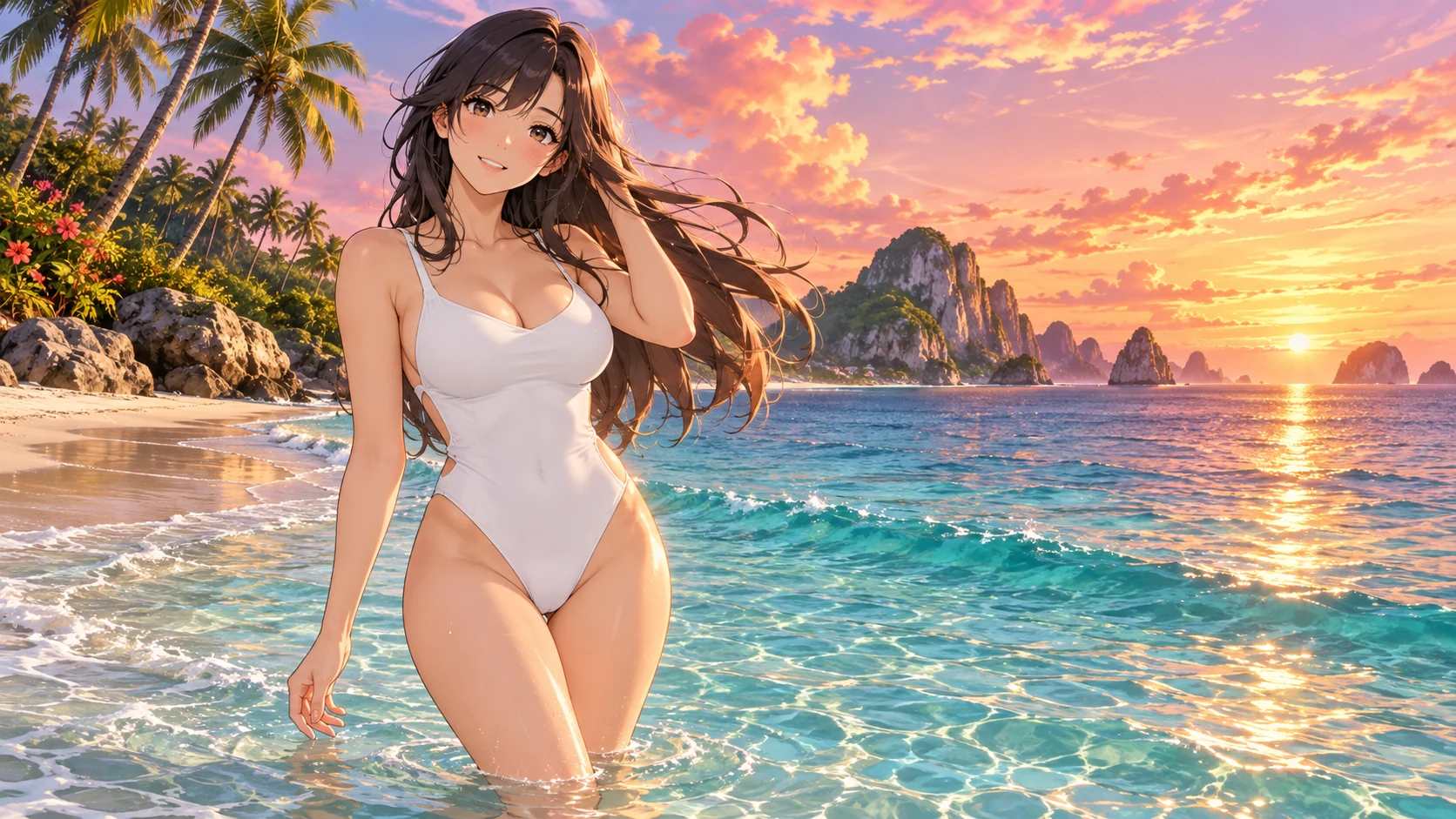 Adult anime character in a white swimsuit on a tropical beach at sunset