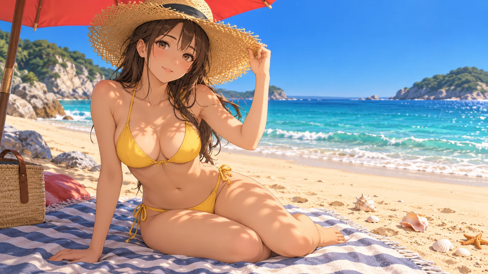 Adult anime character in a yellow bikini and sun hat on a beach